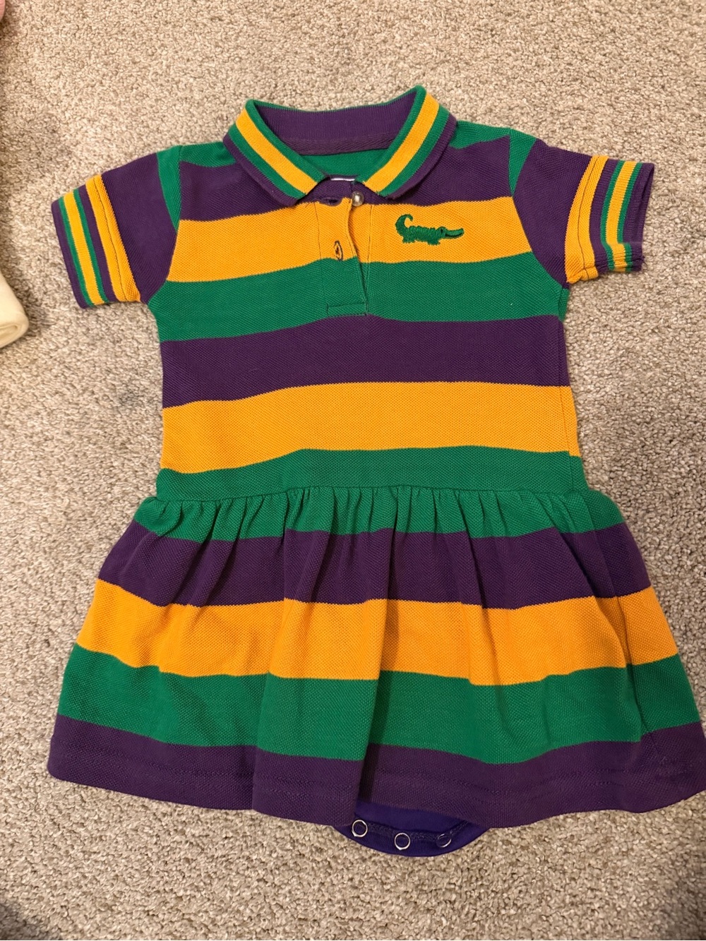 Me O Me Mardi Gras Polo Dress Bubble Romper 9M Purple Green Gold